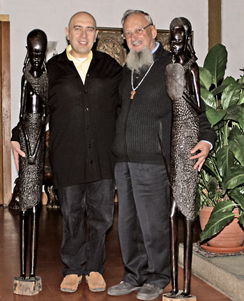 Swami Roberto with Father Fulgenzio Cortesi showing the two sculptures